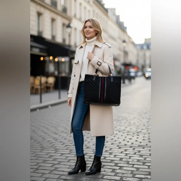 Gucci Black GG Canvas Tote with Burgundy Center Stripe - Picture 2 of 15